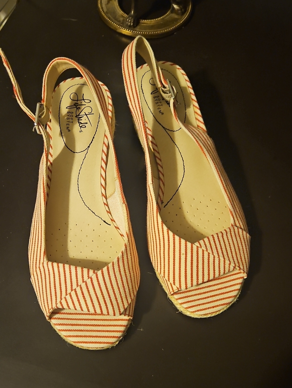 L.A. Gear Red and White Striped Women's Slingback Peep-Toe Flats